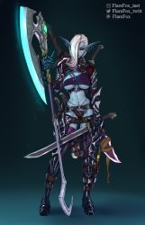 Rule 34 | 1girl, absurdres, armor, armored boots, asymmetrical clothes, asymmetrical top, axe, blue skin, boots, breasts, colored skin, covered erect nipples, dark elf, earrings, elf, flarefox, glowing, glowing axe, glowing weapon, highres, jewelry, large breasts, long hair, original, pointy ears, revealing clothes, solo, sword, underboob, weapon, white hair, yellow eyes
