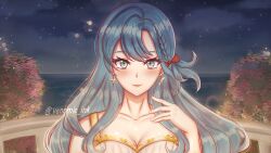 Rule 34 | 1girl, absurdres, alternate costume, blue eyes, blue hair, bow, braid, breasts, chloe (fire emblem), cleavage, commentary request, earrings, fire emblem, fire emblem engage, hair bow, hand up, highres, jewelry, long hair, looking at viewer, medium breasts, nintendo, one side up, pink lips, red bow, smile, solo, upper body, venomic-ink, very long hair