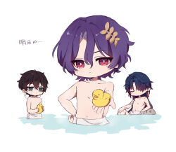 Rule 34 | 3boys, bandaged arm, bandaged hand, bandages, bathing, black hair, blade (honkai: star rail), closed eyes, closed mouth, collarbone, dan heng (honkai: star rail), dr. ratio (honkai: star rail), earrings, eyeliner, flat chest, green eyes, green hair, hair between eyes, hand on own hip, hand on own knee, hand on own leg, holding, honkai: star rail, honkai (series), jewelry, long hair, looking at viewer, makeup, male focus, multiple boys, navel, parted bangs, red eyeliner, rubber duck, scar, scar on arm, scar on chest, short hair, simple background, sitting, standing, topless male, towel, translation request, water11mo, white background