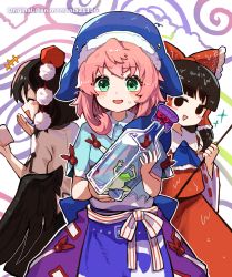 Rule 34 | +++, 3girls, black hair, blush, bottle, bow, cowboy shot, frog, green eyes, hair bow, hair tubes, hakurei reimu, hat, highres, holding, holding bottle, howhow notei, multiple girls, okunoda miyoi, open mouth, pink hair, pom pom (clothes), profile, puffy short sleeves, puffy sleeves, red bow, ribbon trim, shameimaru aya, shirt, short hair, short sleeves, skirt, sweat, tokin hat, touhou, white shirt, wide sleeves, wings
