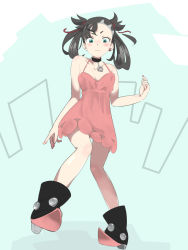 Rule 34 | 1girl, aqua eyes, asymmetrical hair, bad id, bad pixiv id, bare shoulders, black choker, black footwear, black hair, blue background, blush, boots, breasts, choker, closed mouth, collarbone, creatures (company), dress, female focus, game freak, grey hair, hair ribbon, hand up, high heels, index finger raised, looking at viewer, marnie (pokemon), nintendo, pink dress, pokemon, pokemon swsh, red ribbon, ribbon, simple background, sleeveless, sleeveless dress, small breasts, solo, spaghetti strap, two side up, v-shaped eyebrows, zaitsu