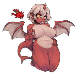 Rule 34 | 1girl, belly grab, breasts, bright pupils, collarbone, colored skin, dragon horns, dragon tail, dragon wings, fat rolls, full body, grey hair, grey skin, grey wings, hair between eyes, highres, horns, large breasts, monster girl, multicolored skin, navel, no nipples, no pussy, nude, nyong nyong, personification, pigron (terraria), pointy ears, red horns, red skin, red tail, reference inset, saliva, sharp teeth, short hair, simple background, single horn, smile, solo, tail, teeth, terraria, tongue, tongue out, two-tone skin, white background, white pupils, wings, yellow eyes