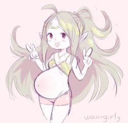 Rule 34 | 1girl, :d, belly, bike shorts, chibi, child, cowboy shot, elf, female focus, fire emblem, flat chest, green hair, jewelry, long hair, looking at viewer, midriff, navel, necklace, nintendo, nowi (fire emblem), open mouth, parted bangs, pink background, pointy ears, ponytail, pregnant, purple eyes, revealing clothes, signature, simple background, sketch, smile, solo, standing, tiara, underwear, v, wide hips, wow-girly