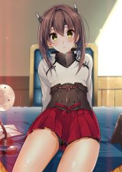 Rule 34 | 10s, 1girl, bad id, bad pixiv id, bike shorts, blush, brown eyes, brown hair, desk, headband, headgear, kantai collection, looking at viewer, okia, open mouth, personification, short hair, sitting, skirt, solo, sweatdrop, taihou (kancolle)