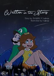 Rule 34 | 1boy, 1girl, back-to-back, blue eyes, breasts, brown hair, crown, earrings, facial hair, flower earrings, gloves, grass, grin, hat, highres, holding hands, jewelry, legs, looking back, looking up, luigi, mario (series), mario golf, mario tennis, mustache, night, night sky, nintendo, overalls, princess daisy, shorts, sitting, sky, small breasts, smile