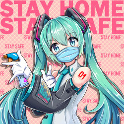 Rule 34 | 1girl, aqua eyes, aqua hair, aqua necktie, artist name, bare shoulders, bishoujo senshi sailor moon, black sleeves, bottle, character name, collared shirt, commentary, coronavirus pandemic, detached sleeves, english text, gloves, green necktie, grey shirt, hair ornament, hands up, hatsune miku, headphones, holding, holding bottle, homura 0205, latex, latex gloves, long hair, looking at viewer, mask, mouth mask, necktie, parody, pointing, pointing at viewer, shirt, shoulder tattoo, sleeveless, sleeveless shirt, solo, spray bottle, stay at home, surgical mask, tattoo, tsuki ni kawatte oshioki yo, twintails, upper body, very long hair, vocaloid, w, white gloves