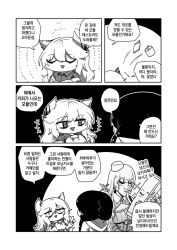 Rule 34 | +++, 3girls, animal ears, bags under eyes, blunt bangs, blush, cat ears, chibi, cleavage cutout, closed eyes, clothing cutout, coat, comic, commentary request, earrings, girls&#039; frontline, hair between eyes, highres, holding, hood, hoodie, imminent kiss, index finger raised, jewelry, korean commentary, korean text, lab coat, long hair, looking at another, madcore, monochrome, multiple girls, object request, off shoulder, open clothes, open coat, open mouth, persica (girls&#039; frontline), ro635 (girls&#039; frontline), robot, shirt, simonov (girls&#039; frontline), slit pupils, sparkle, star (symbol), star earrings, toilet paper, training drone (girls&#039; frontline), translation request