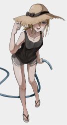 Rule 34 | 1girl, bare legs, black bow, black shirt, blonde hair, blouse, blue eyes, bow, collarbone, commentary request, flip-flops, full body, grey shorts, hair between eyes, hand on headwear, hat, hat bow, hat ribbon, highres, holding, holding hose, hose, jewelry, leaning forward, necklace, one eye covered, open mouth, original, ponytail, ribbon, sandals, shirt, shorts, sidelocks, simple background, smile, solo, straw hat, tabao, teeth, undershirt, upper teeth only, white background