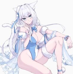 1girl animal_ears bare_shoulders blue_eyes blue_leotard blush bracelet breasts cat_ears cat_girl cat_tail cleavage detached_collar dobrynya_nikitich_(fate) dobrynya_nikitich_(swimsuit_lancer)_(fate) dobrynya_nikitich_(swimsuit_lancer)_(second_ascension)_(fate) fate/grand_order fate_(series) fur_collar hair_ribbon highleg highleg_leotard highres jewelry large_breasts leotard long_hair looking_at_viewer ribbon sash sitting smile solo tail thighs two-tone_leotard white_hair white_leotard yamamon_0