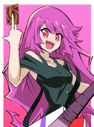 Rule 34 | 1girl, :d, bare shoulders, card, collarbone, guitar, highres, holding, holding card, instrument, kirishima romin, long hair, looking at viewer, one-hour drawing challenge, open mouth, pink eyes, purple hair, shirt, sleeveless, sleeveless shirt, smile, solo, synchroman, very long hair, yu-gi-oh!, yu-gi-oh! sevens