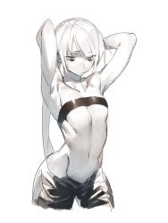 Rule 34 | 1girl, amrkdrw, arched back, armpits, breasts, colored skin, greyscale, hair over one eye, highres, long hair, midriff, monochrome, navel, original, pale skin, pants, simple background, sketch, small breasts, solo, strapless, topless, tube top, white background, white hair, white skin