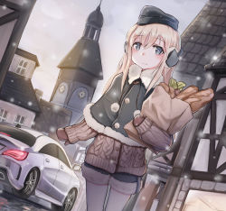 Rule 34 | 1girl, alternate costume, bag, blonde hair, blue eyes, blush, bread, buttons, car, closed mouth, coat, commentary request, day, earmuffs, food, grey sky, grocery bag, hair between eyes, hat, headgear, highres, holding, kabayaki namazu, kantai collection, long hair, looking at viewer, motor vehicle, outdoors, shopping bag, sky, smile, snow, snowing, solo, standing, sweater, sweater vest, thighhighs, u-511 (kancolle), winter, winter clothes