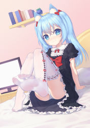 Rule 34 | 1girl, animal ear fluff, animal ears, arm support, black dress, blue eyes, blue hair, bow, cat ears, chi yei, dress, feet, frilled dress, frilled thighhighs, frills, hair between eyes, hair bow, knees together feet apart, legs, long hair, looking down, no shoes, on bed, original, panties, pantyshot, pillow, red bow, short sleeves, sitting, soles, solo, television, thighhighs, toes, underwear, wavy mouth, white panties