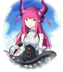 Rule 34 | 10s, 1girl, bare shoulders, blue eyes, blue sky, breasts, cloud, commentary request, curled horns, day, detached sleeves, dragon girl, dragon horns, dragon tail, elizabeth bathory (fate), elizabeth bathory (fate/extra ccc), elizabeth bathory (second ascension) (fate), fate/extra, fate (series), grey skirt, hair ribbon, holding, holding microphone, horns, long hair, long sleeves, looking at viewer, microphone, parted lips, pink hair, plaid, plaid skirt, purple ribbon, ribbon, rocm (nkkf3785), shirt, sidelocks, skirt, sky, sleeveless, sleeveless shirt, small breasts, solo, tail, underbust, white shirt
