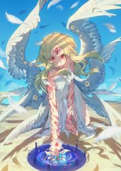 Rule 34 | 1girl, absurdres, angel, angel wings, arm tattoo, blue sky, blurry, blurry foreground, brown eyes, cloud, desert, dress, extra eyes, facial mark, feathers, flower, forehead mark, galaxy, green hair, hand tattoo, highres, long hair, looking at viewer, low wings, multiple wings, original, outdoors, parted lips, portal (object), red eyes, sand, shoulder tattoo, sky, solo, soono (rlagpfl), space, star (sky), starry sky, tattoo, teeth, third eye, white dress, white flower, wind, wings