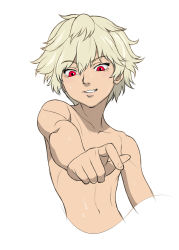 Rule 34 | 1boy, blonde hair, child, male focus, nude, red eyes, smile, solo, sweat, white background