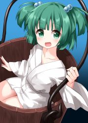 Rule 34 | 1girl, black background, blue background, blunt bangs, bucket, gradient background, green eyes, green hair, hair bobbles, hair ornament, highres, in bucket, in container, japanese clothes, kimono, kisume, long sleeves, looking at viewer, open mouth, ruu (tksymkw), short hair, sitting, smile, solo, touhou, twintails, two side up, white kimono, wide sleeves, wooden bucket