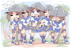 Rule 34 | &gt; &lt;, 5girls, blue footwear, blue sailor collar, blue skirt, blue sky, blue socks, bow (weapon), brown gloves, brown hair, closed eyes, cloud, commentary request, crossbow, day, faceless, faceless female, gloves, grey helmet, helmet, holding, holding crossbow, holding weapon, kneehighs, multiple girls, open mouth, original, parted bangs, pleated skirt, sailor collar, school uniform, serafuku, shaded face, shadow, shirt, shoes, short sleeves, silver bell, skirt, sky, socks, standing, translation request, tree, trembling, v-shaped eyebrows, weapon, white shirt
