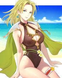 Rule 34 | 1girl, absurdres, beach, blonde hair, breasts, cape, cleavage, clothing cutout, covered navel, earrings, fire emblem, fire emblem: the sacred stones, fire emblem heroes, green eyes, highres, jewelry, large breasts, medium hair, nintendo, ocean, official alternate costume, on ground, one-piece swimsuit, parted bangs, selena (fire emblem: the sacred stones), selena (summer) (fire emblem: the sacred stones), sky, smile, swimsuit, thigh strap, truejekart
