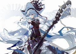 Rule 34 | 1girl, arknights, bare shoulders, belt, black dress, black headwear, breasts, closed mouth, cowboy shot, dadijiji, detached sleeves, dress, frilled dress, frills, hand in own hair, hand up, holding, holding weapon, long hair, long sleeves, looking away, looking to the side, medium breasts, outstretched arm, red eyes, silver hair, simple background, skeleton, smile, solo, specter (arknights), specter the unchained (arknights), very long hair, weapon, white background