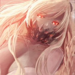 Rule 34 | 1girl, abyssal ship, bare shoulders, breasts, cleavage, covered mouth, dress, hair between eyes, horns, kantai collection, large breasts, long hair, looking at viewer, mask, midway princess, moni, mouth mask, pale skin, portrait, red eyes, sidelocks, solo, veins, very long hair, white dress, white hair