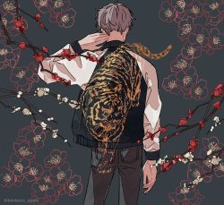 Rule 34 | 1boy, absurdres, black background, black jacket, black pants, branch, commentary request, cowboy shot, floral background, flower, flower request, from behind, grey hair, hand up, highres, jacket, kankara nashi, long sleeves, male focus, multicolored clothes, multicolored jacket, original, pants, short hair, solo, sukajan, tiger, twitter username, two-tone jacket, white flower, white jacket