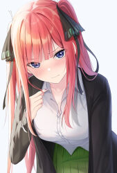 Rule 34 | &gt;:(, 1girl, black jacket, black ribbon, blue eyes, blue nails, blunt bangs, blush, breasts, butterfly hair ornament, cleavage, closed mouth, collared shirt, commentary, cowboy shot, embarrassed, eyes visible through hair, frown, go-toubun no hanayome, green skirt, hair ornament, hair over shoulder, hair ribbon, half updo, hand up, head tilt, highres, jacket, komura hiroto, large breasts, leaning forward, long hair, long sleeves, looking at viewer, nail polish, nakano nino, nose blush, open clothes, open jacket, pink hair, playing with own hair, pleated skirt, ribbon, school uniform, shirt, sidelighting, sidelocks, simple background, skirt, solo, tsundere, two side up, uniform, upturned eyes, v-shaped eyebrows, very long hair, white background, white shirt