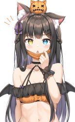Rule 34 | 1girl, animal ear fluff, animal ears, bare shoulders, bat wings, black choker, black hair, black wings, blue eyes, blush, bow, braid, breasts, cat ears, choker, collarbone, commentary request, crop top, hair bow, hair ornament, hairclip, halloween, heterochromia, highres, jack-o&#039;-lantern, keiran (ryo170), long hair, looking at viewer, low wings, mask, mask pull, medium breasts, mouth mask, navel, notice lines, o-ring, original, parted lips, purple bow, simple background, solo, upper body, very long hair, white background, wings, yellow eyes