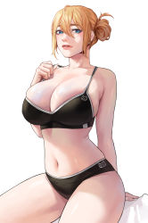 Rule 34 | 1girl, arm behind back, bare shoulders, black bra, black panties, black sports bra, blue eyes, blush, bra, breasts, cleavage, cocoro moto, collarbone, feet out of frame, hair bun, hand on own chest, highres, huge breasts, looking at viewer, medium hair, mole, mole under mouth, navel, open mouth, orange hair, original, panties, parted lips, sitting, solo, sports bra, underwear, white background