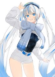 Rule 34 | 1girl, absurdres, alternate costume, alternate hair color, arm up, belt, blue belt, blue eyes, blue hair, blue scarf, blue theme, blush, bow, character request, check character, commentary request, cowboy shot, goggles, goggles on head, gradient hair, hatsune miku, highres, looking at viewer, mashiro kta, multicolored hair, parted lips, scarf, shorts, solo, streaked hair, vocaloid, white hair, white shorts
