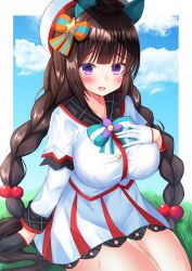 Rule 34 | 1girl, animal ears, beret, black gloves, black hair, blue sky, blush, border, braid, breasts, cloud, commentary request, day, feet out of frame, gloves, grass, hair ribbon, hand on own chest, hat, highres, hokko tarumae (umamusume), horse ears, horse girl, horse tail, large breasts, looking at viewer, open mouth, purple eyes, ribbon, shiinyan, sitting, sky, solo, sweat, sweatdrop, tail, thighs, twin braids, umamusume, white border, white gloves