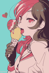 Rule 34 | 1girl, flat color, food, heart, ice cream, licking, looking at viewer, multicolored hair, name connection, neo politan, open mouth, rwby, simple background, solo, tongue, yukataro