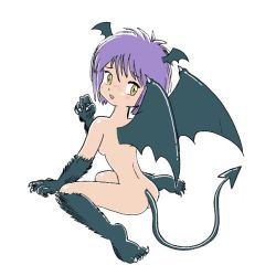 Rule 34 | 1girl, blush, breasts, demon girl, head wings, monster girl, nude, pukao, purple hair, short hair, simple background, small breasts, solo, tail, wings, yellow eyes