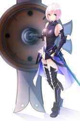 Rule 34 | 1girl, armor, armored boots, armored leotard, black leotard, black thighhighs, boa sorte, boots, breasts, breasts apart, fate/grand order, fate (series), faulds, floating hair, full body, gloves, hair between eyes, highres, holding, holding shield, holding sword, holding weapon, leotard, looking at viewer, mash kyrielight, medium breasts, pink hair, shield, shiny clothes, short hair, simple background, smile, solo, standing, sword, thighhighs, weapon, white background, yellow eyes