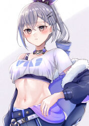 Rule 34 | 1girl, absurdres, belt, black choker, black jacket, blush, breasts, choker, commentary request, crop top, drill hair, gradient background, grey background, grey eyes, grey hair, hair ornament, hairclip, highres, honkai: star rail, honkai (series), is (aisu), jacket, long hair, looking at viewer, medium breasts, midriff, navel, off shoulder, ponytail, shirt, silver wolf (honkai: star rail), single-shoulder shirt, single bare shoulder, single sleeve, solo, stomach, upper body, white background, white belt, white shirt