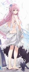 Rule 34 | 1girl, absurdres, angel wings, ass, barefoot, blue archive, blush, breasts, closed mouth, dress, flower, full body, hair bun, hair flower, hair ornament, halo, highres, jsscj, long hair, looking at viewer, medium breasts, mika (blue archive), pink hair, pink halo, purple flower, single side bun, solo, standing, white dress, white wings, wings, yellow eyes