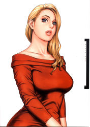 Rule 34 | 1girl, blonde hair, blue eyes, breasts, dress, highres, large breasts, lips, lipstick, long hair, looking at viewer, makeup, off shoulder, open mouth, rechel guinnes, scan, simple background, smile, solo, taisen hot gimmick, taisen hot gimmick 4ever, tsukasa jun, upper body