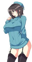 Rule 34 | 1girl, black hair, black thighhighs, blue sweater, blush, breasts, covered navel, cowboy shot, eating, food, garter straps, hat, kantai collection, large breasts, long sleeves, looking at viewer, nakadori (movgnsk), no pants, pocky, red eyes, ribbed sweater, short hair, simple background, skindentation, solo, sweater, takao (kancolle), thighhighs, white background