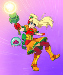 Rule 34 | 1girl, absurdres, alternate costume, blonde hair, blue eyes, blush stickers, boots, bow, gloves, green bow, guilhermerm, headphones, highres, looking at viewer, magical girl, metroid, metroid (creature), nintendo, ponytail, red gloves, samus aran, smile, thighhighs, wand