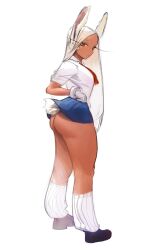 Rule 34 | 1girl, absurdres, aged down, alternate costume, animal ears, ass, black footwear, blueisalanguage, boku no hero academia, commentary, dark-skinned female, dark skin, english commentary, forehead, full body, gloves, grey hair, highres, leg warmers, loafers, long eyelashes, long hair, looking back, microskirt, mirko, no panties, parted hair, rabbit ears, rabbit girl, rabbit tail, red eyes, school uniform, shoes, skirt, solo, tail, thick thighs, thighs, very long hair, white background, white gloves, white leg warmers