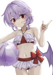 Rule 34 | 1girl, ;q, akisome hatsuka, balloon, bikini, closed mouth, commentary request, cowboy shot, frilled bikini, frills, index finger raised, looking at viewer, navel, one eye closed, red eyes, remilia scarlet, simple background, smile, solo, swimsuit, tongue, tongue out, touhou, white background