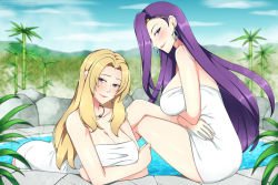 Rule 34 | 2girls, bamboo, bathing, blonde hair, blush, breasts, cleavage, earrings, fire emblem, fire emblem echoes: shadows of valentia, jewelry, large breasts, lindaroze, long hair, looking at viewer, mathilda (fire emblem), mature female, multiple girls, naked towel, necklace, nintendo, onsen, purple eyes, sitting, smile, sonya (fire emblem gaiden), towel, very long hair, white towel