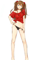 Rule 34 | 1girl, black panties, blue eyes, brown hair, dress shirt, feet out of frame, hands on own hips, head tilt, legs, long hair, midriff, nakasima-syouta, navel, neon genesis evangelion, no pants, off shoulder, panties, panty pull, red shirt, shirt, simple background, solo, souryuu asuka langley, thong, tied shirt, twintails, two side up, underwear
