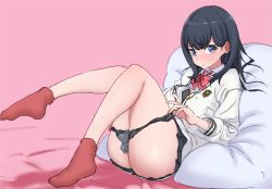 Rule 34 | 1girl, :&lt;, ass, bare legs, bed sheet, black bra, black hair, black pants, blending, blue eyes, blush, bouen, bow, bra, bra peek, cardigan, closed mouth, embarrassed, emblem, fingernails, from side, frown, furrowed brow, gridman universe, hand up, highres, indoors, knees up, leg lift, long hair, long sleeves, looking at viewer, lying, microskirt, no shoes, on back, panties, pants, panty pull, partially unbuttoned, pillow, pink background, pleated skirt, polka dot, polka dot bra, polka dot panties, pulling own clothes, red bow, red neckwear, school uniform, skirt, socks, solo, ssss.gridman, sweat, takarada rikka, thick thighs, thighs, underwear, white cardigan, wing collar