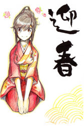 Rule 34 | 1girl, brown eyes, brown hair, colored pencil (medium), commentary request, facing viewer, floral print, flower, graphite (medium), hair up, hands on lap, highres, japanese clothes, kimono, leaf, looking at viewer, obi, original, poaro, red flower, red rose, rose, sash, seigaiha, seiza, sidelocks, simple background, sitting, smile, solo, topknot, traditional media, translation request, white background