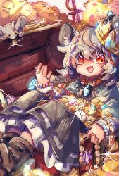 Rule 34 | 1girl, animal ears, blue capelet, blue gemstone, blush, boots, brown footwear, capelet, coin, commentary request, crown, crystal, dress, frilled dress, frills, full body, gem, glint, gold, grey dress, grey hair, hair between eyes, highres, long sleeves, looking at viewer, mame komari, mouse (animal), mouse ears, mouse girl, mouse tail, nazrin, open mouth, orange eyes, red gemstone, shirt, short hair, smile, solo, tail, touhou, treasure, treasure chest, white shirt