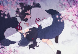 Rule 34 | 2girls, black footwear, black hair, blue skirt, blurry, blurry foreground, cherry blossoms, commentary request, depth of field, closed eyes, flower, from above, highres, loafers, long sleeves, looking at another, lying, multiple girls, neck ribbon, ogipote, on side, original, parted lips, pleated skirt, red ribbon, ribbon, sailor collar, school uniform, serafuku, shoes, skirt, smile, socks, white legwear