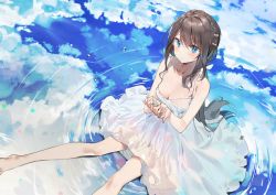 Rule 34 | 1girl, bad id, bad pixiv id, bare legs, bare shoulders, blue eyes, blush, braid, breasts, brown hair, cleavage, commentary, dress, french braid, hair ribbon, long hair, looking at viewer, medium breasts, original, reflecting pool, reflection, reflective water, ribbon, sabet (young ouo), sidelocks, sitting, sleeveless, sleeveless dress, solo, very long hair, water, white dress