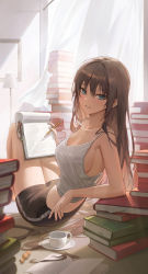 Rule 34 | 1girl, absurdres, bare arms, bare shoulders, black shorts, book, book stack, breasts, brown hair, camisole, candy, cleavage, crop top, cup, curtains, elbow rest, food, grin, hair between eyes, highres, holding, holding pencil, hy (hem oo), indoors, knees up, lamp, large breasts, leaning back, long hair, looking at viewer, midriff, mole, mole under eye, notepad, open book, original, parted lips, pencil, picture frame, saucer, short shorts, shorts, sideboob, sidelocks, sitting, smile, solo, spaghetti strap, teacup, thighs, white camisole