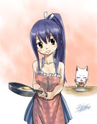 Rule 34 | 1girl, apron, blue hair, cat, charle (fairy tail), egg (food), fairy tail, food, fork, fried egg, frying pan, gradient background, mashima hiro, official art, plate, ponytail, spoon, wendy marvell